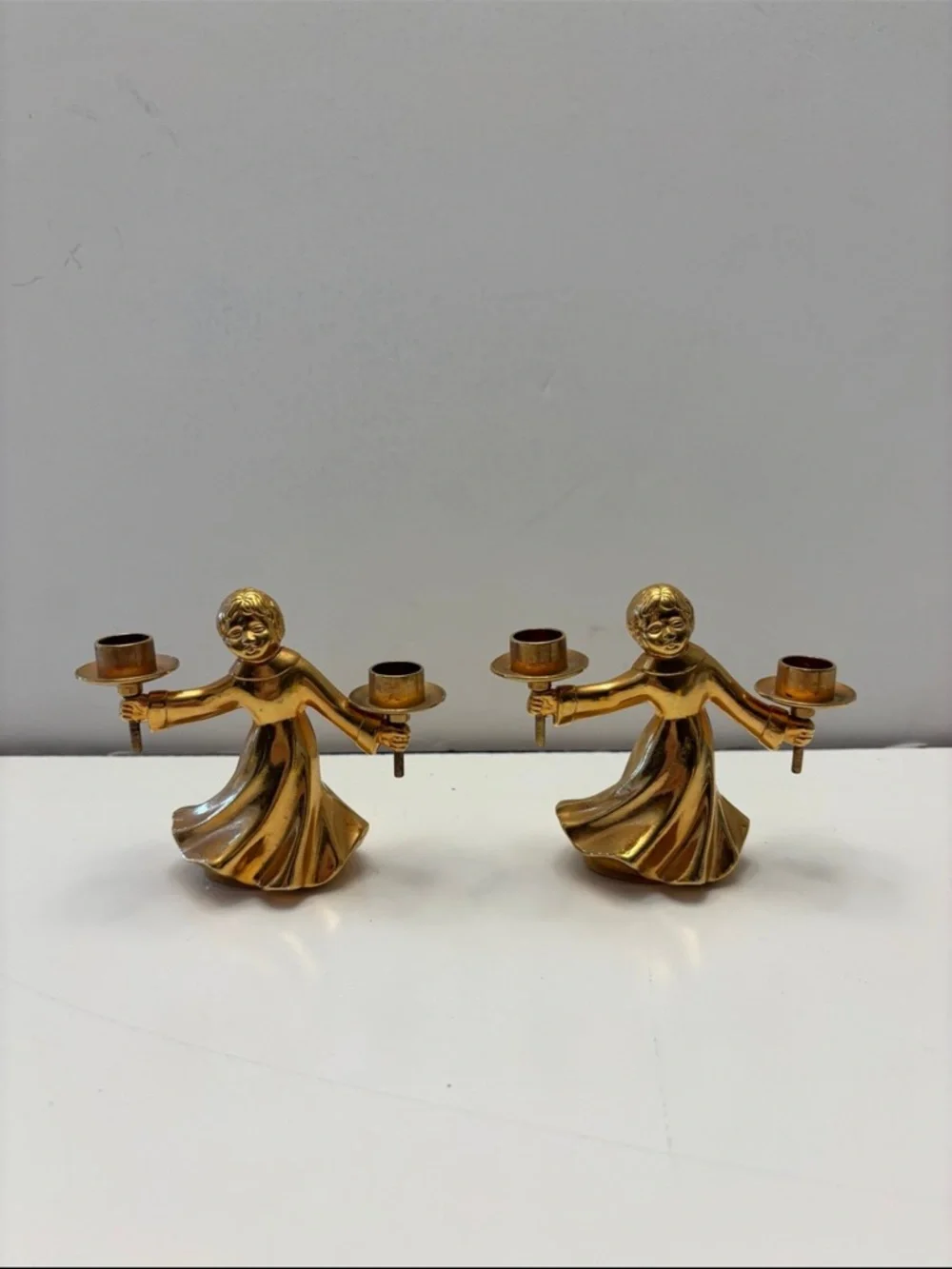Brass Dancing Angel Double Candle Holder Pair